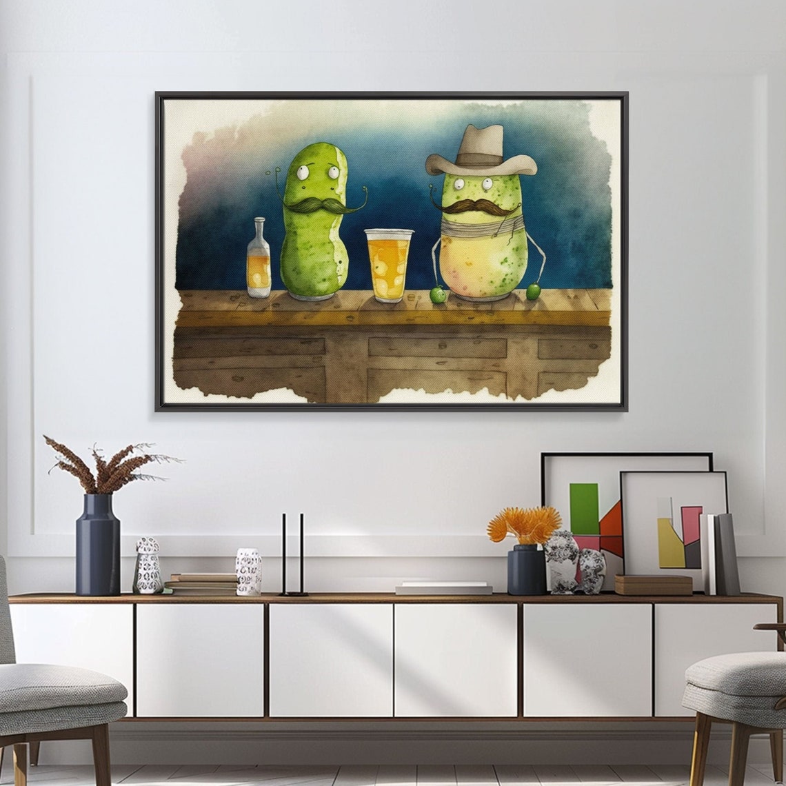Funny Pickles At Bar Mustache Cowboy Hat Beer Watercolor Humor Poster