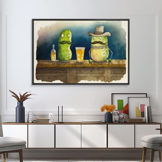 Funny Pickles In A Bar Watercolor Painting Print Framed Wall Art Funny Decor Kitsch Art Framed Pickle Art
