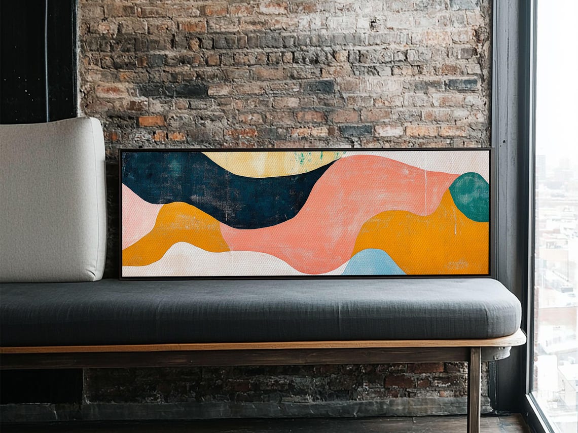 Abstract Wavy Shapes Art Navy Coral Mustard Colorful Modern Poster - Image 2