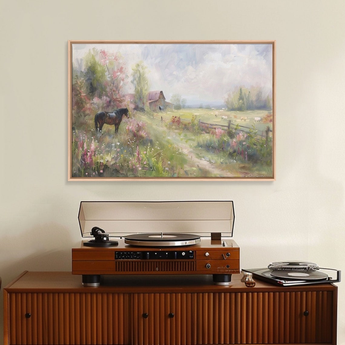 Horse in Wildflower Meadow Watercolor Barn Pasture Countryside Poster - Image 5