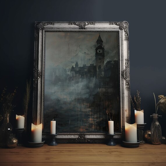 Haunted Gothic Clock Tower Foggy Night Dark Moody Art Poster