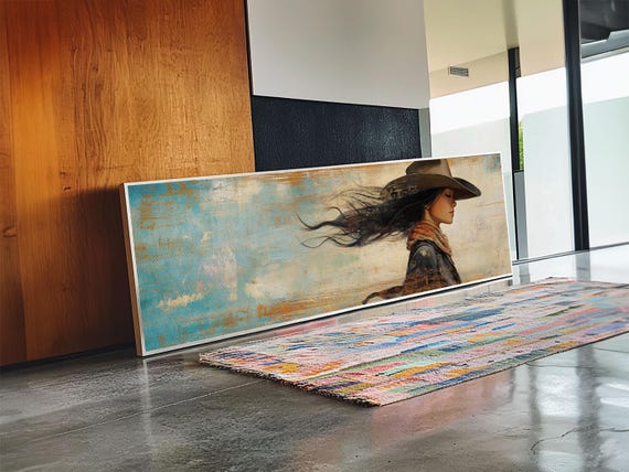 Cowgirl Print Southwest Wall Art Minimalist Boho Art Afrocentric Painting Extra Wide Horizontal Artwork Decor