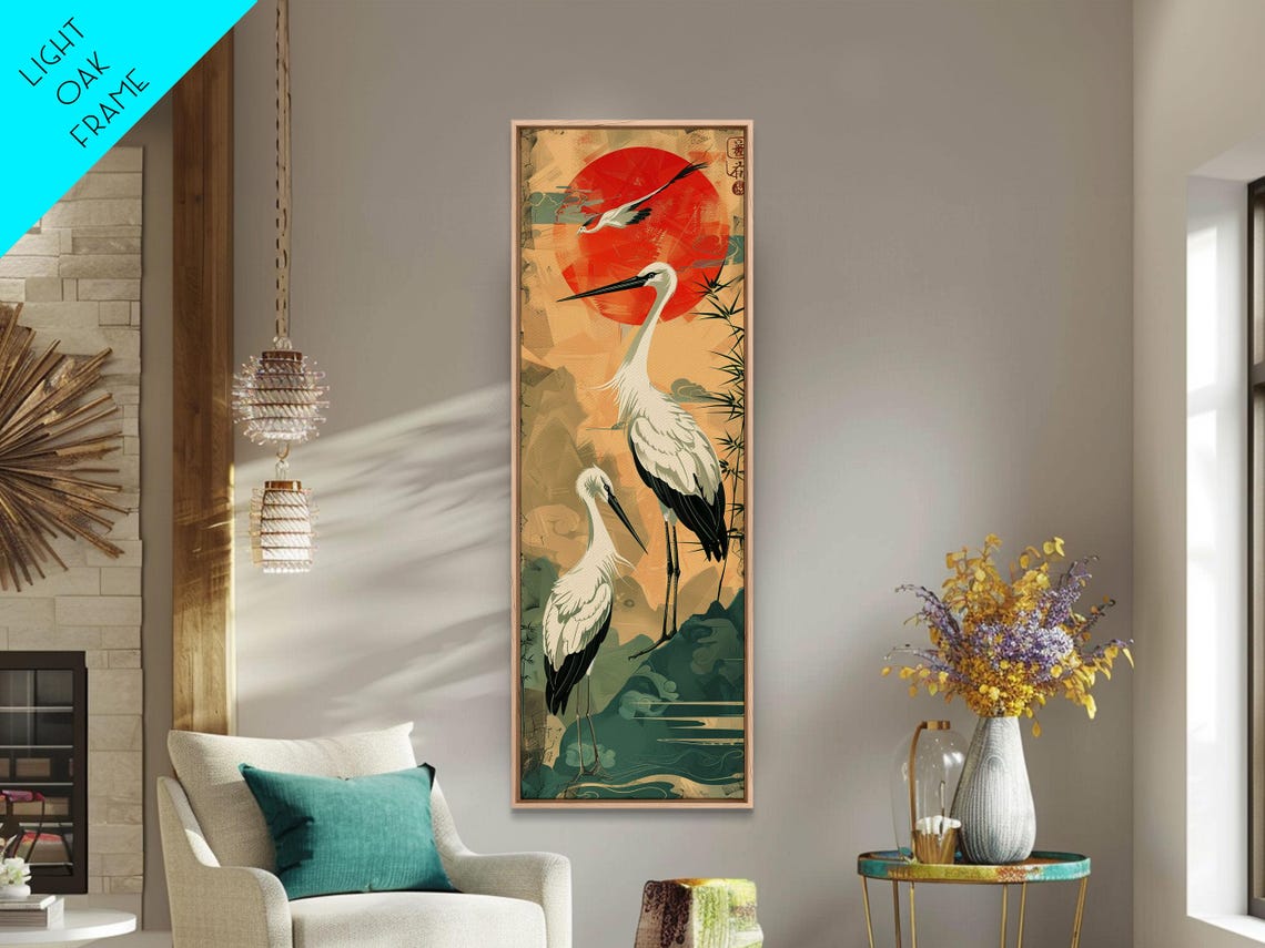 Tall Japanese Cranes Red Sun Ukiyo-E Nature Vertical Art Print - Image 2