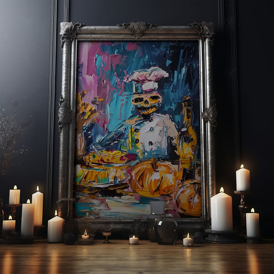 Skeleton Chef Cooking Pumpkins Colorful Impasto Kitchen Art Poster - Image 4