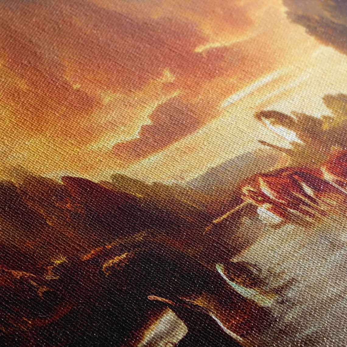 Prehistoric Dinosaur Abstract Landscape Art Ready To Hang Print Panoramic Art Dinosaurs At Sunset - Image 2