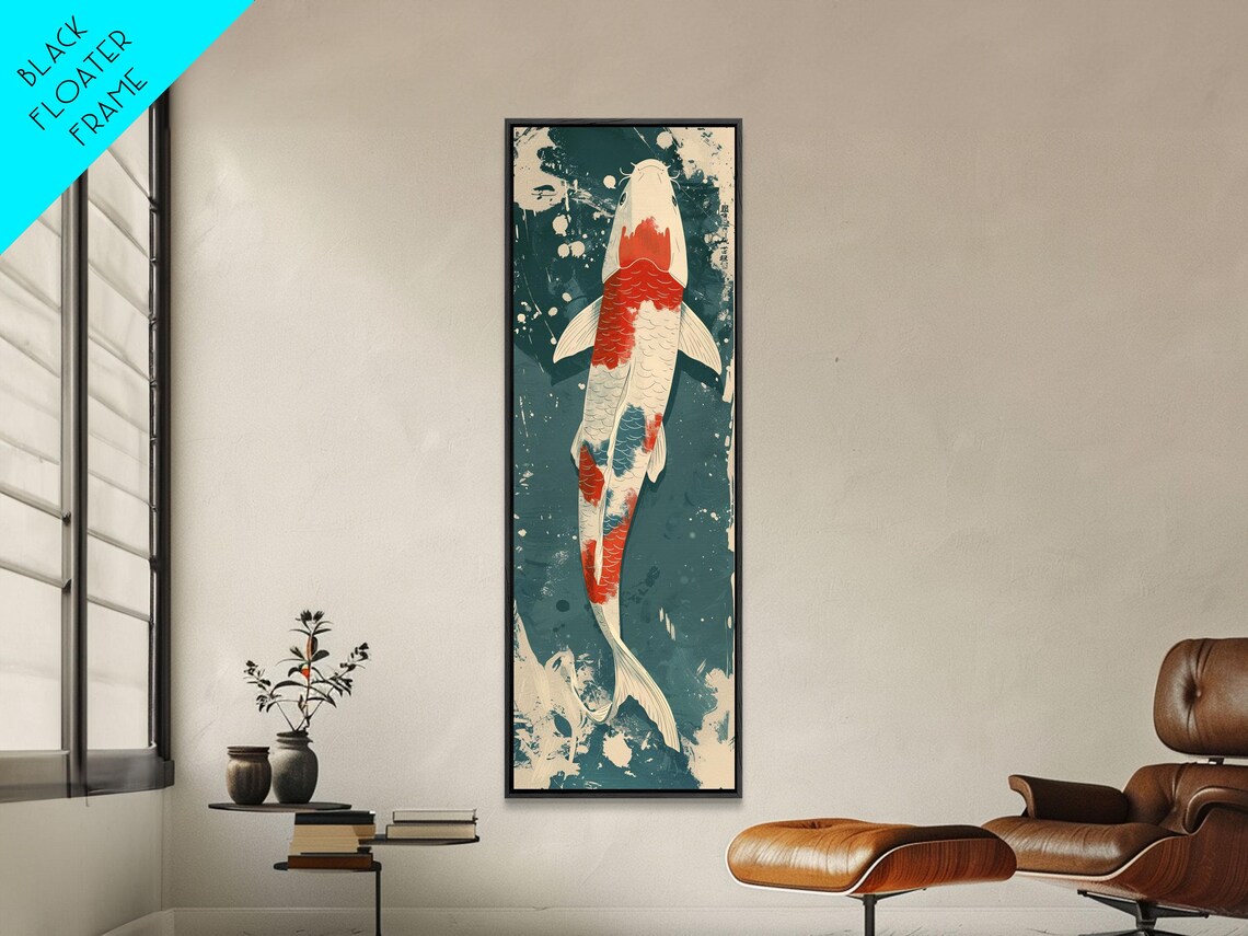 Serene Koi Fish Swimming In Deep Blue Water With Red Accents On Tall Vertical Japanese Inspired Print - Image 4
