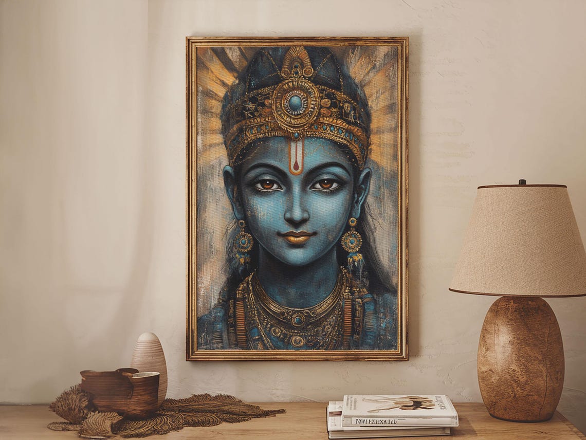 Lord Krishna Blue Deity Portrait Madhubani Style Spiritual Art Print - Image 3