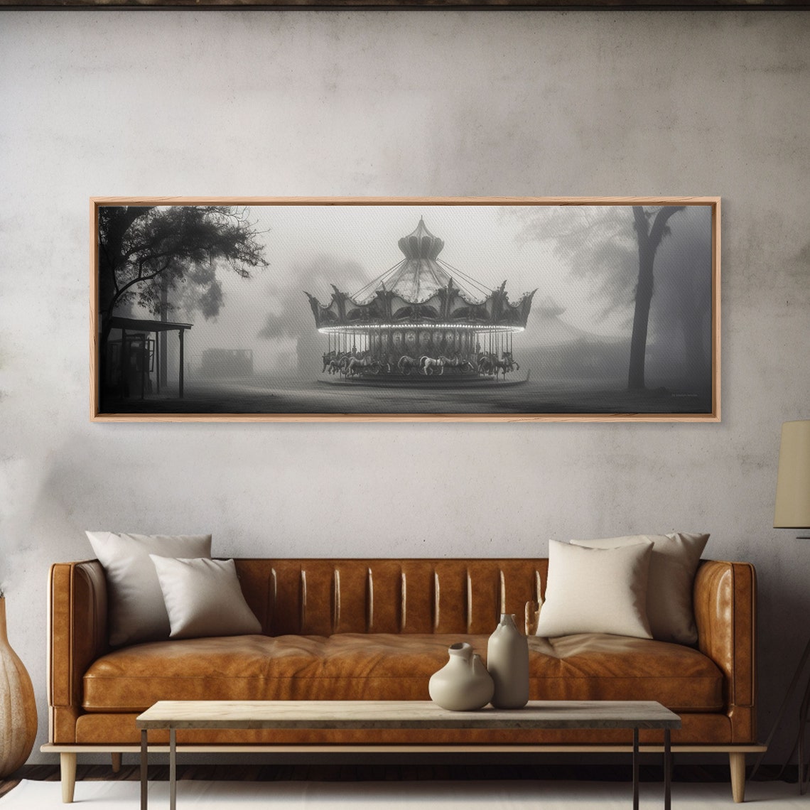 Haunted Carousel In Fog Black And White Spooky Vintage Wall Art
