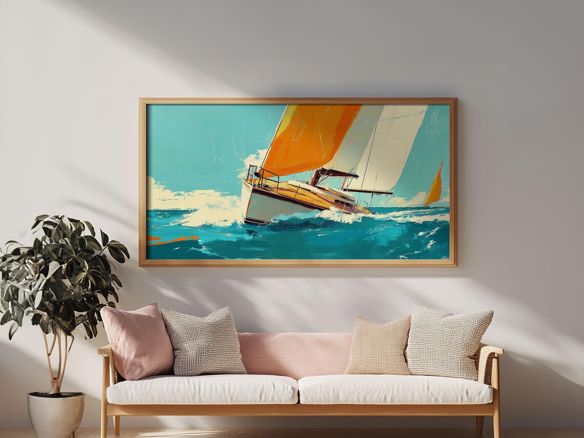 Retro Sailboat Racing Poster Orange Sail on Turquoise Waves Beach Print - Image 3