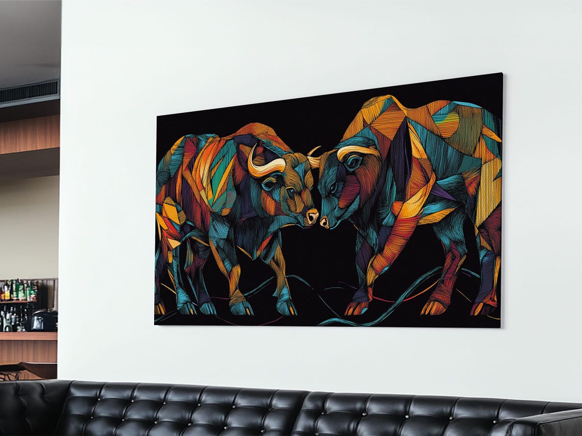 Two Colorful Geometric Bulls Black Background Modern Animal Art Poster - Image 4
