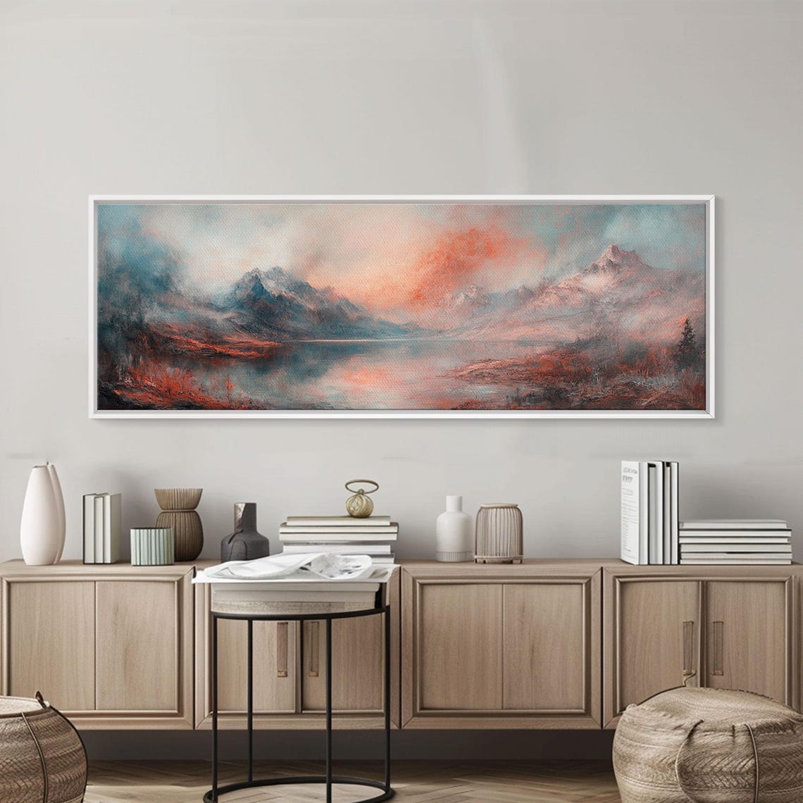 Moody Coral Blush Mountain Lake Mist Minimalist Landscape Poster - Image 4