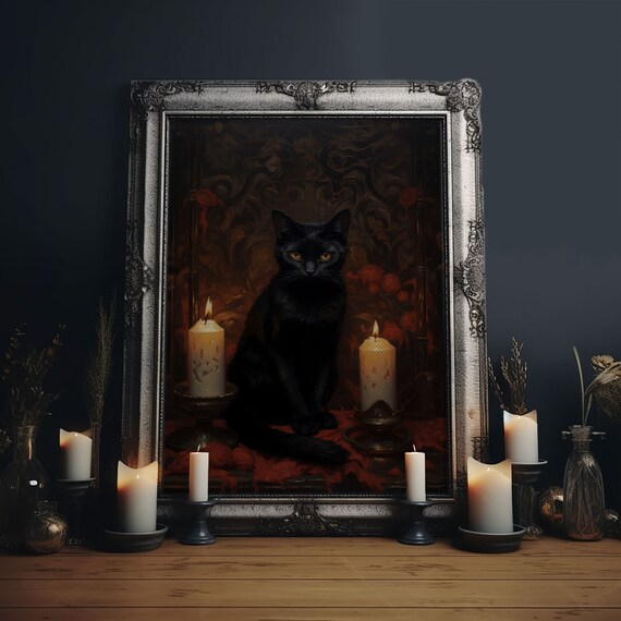 Witch Familiar Black Cat Candlelight Spooky Halloween Goth Art Poster