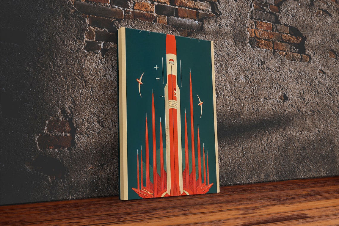 Art Deco Retro Rocket Launching To Space Vintage Style Wall Art Print - Image 6