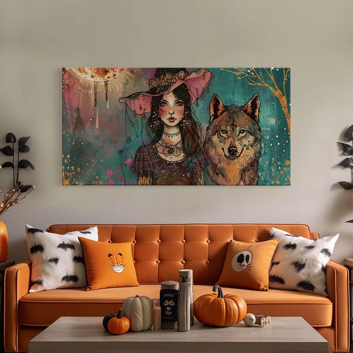 Witch And Wolf Familiar Portrait Gold Moon Dark Academia Halloween Wall Art - Image 5