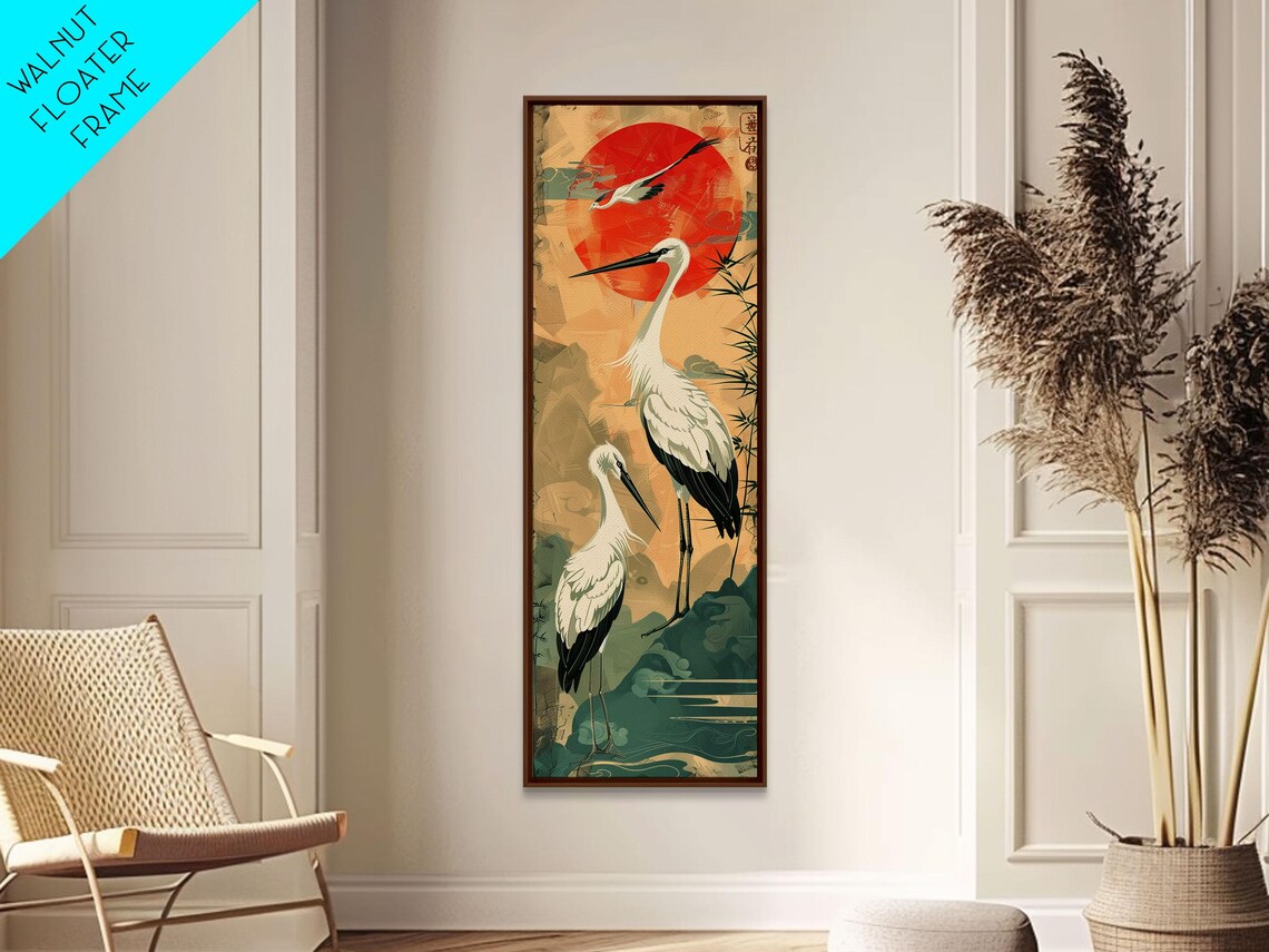 Tall Japanese Cranes Red Sun Ukiyo-E Nature Vertical Art Print - Image 5