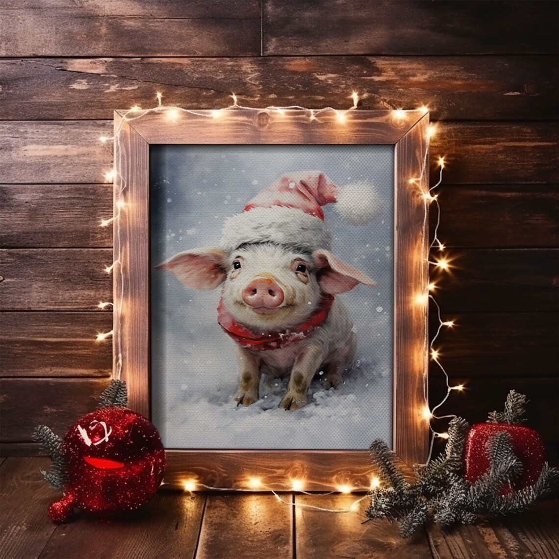 Christmas Pig in a Santa Hat, Vintage Farmhouse Art Print
