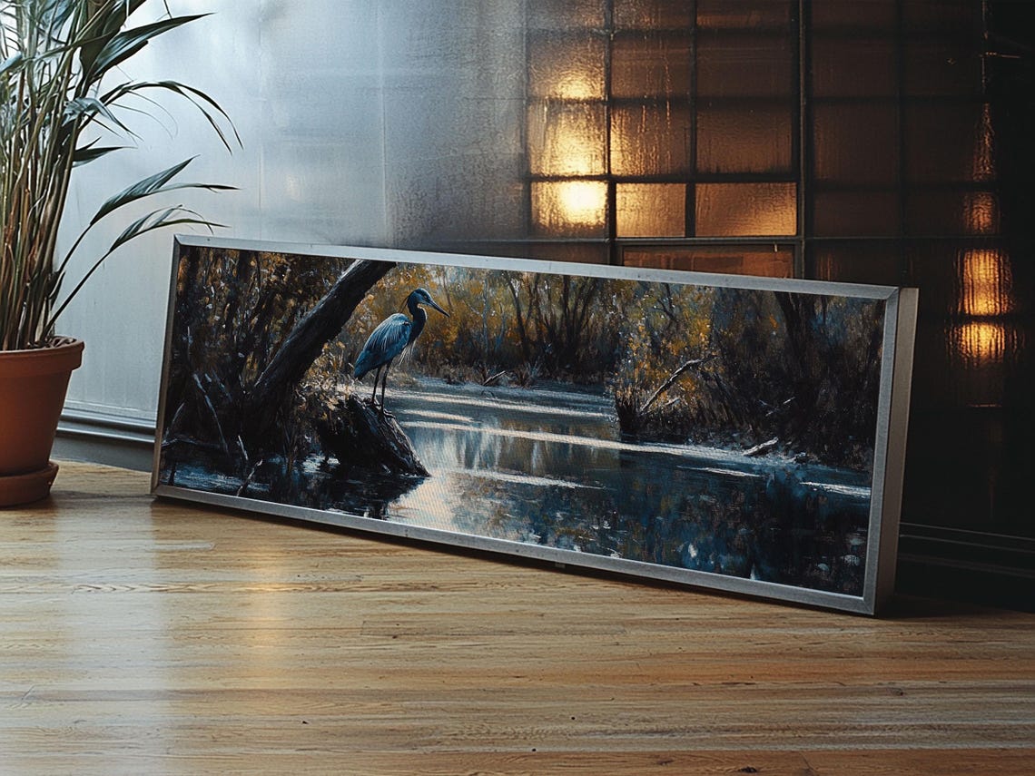 Great Blue Heron In Dark Marsh Water Panoramic Wildlife Painting Print - Image 3
