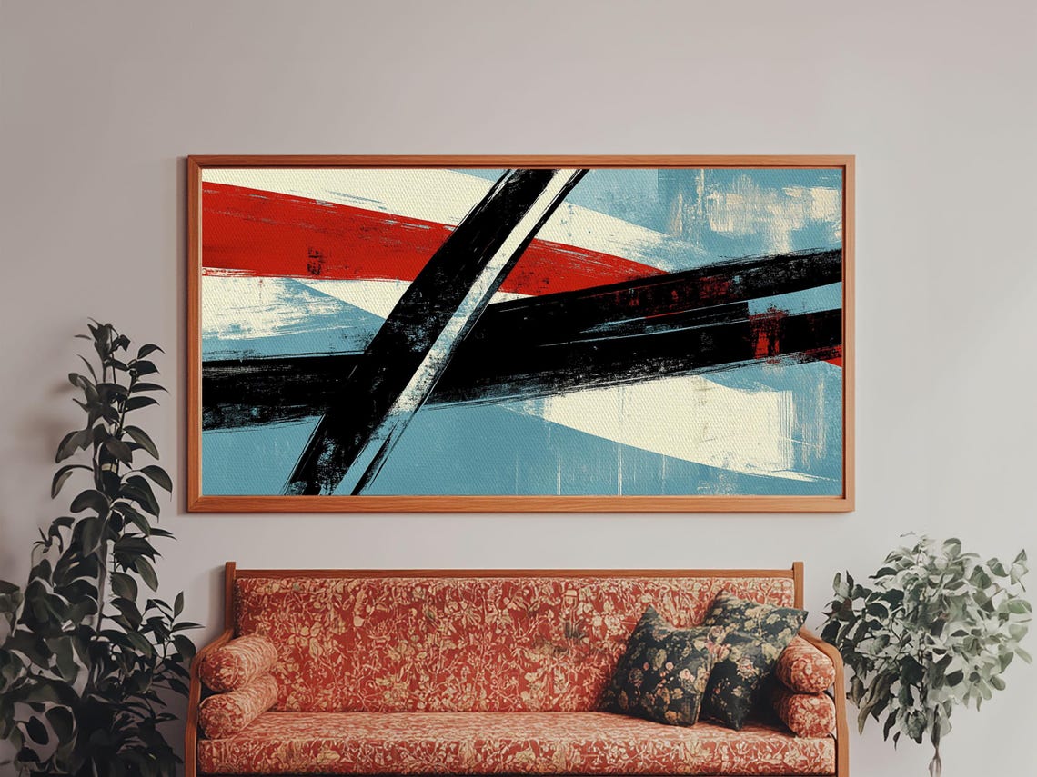 Mid Century Modern Bold Red Black Abstract Brush Strokes Print - Image 2