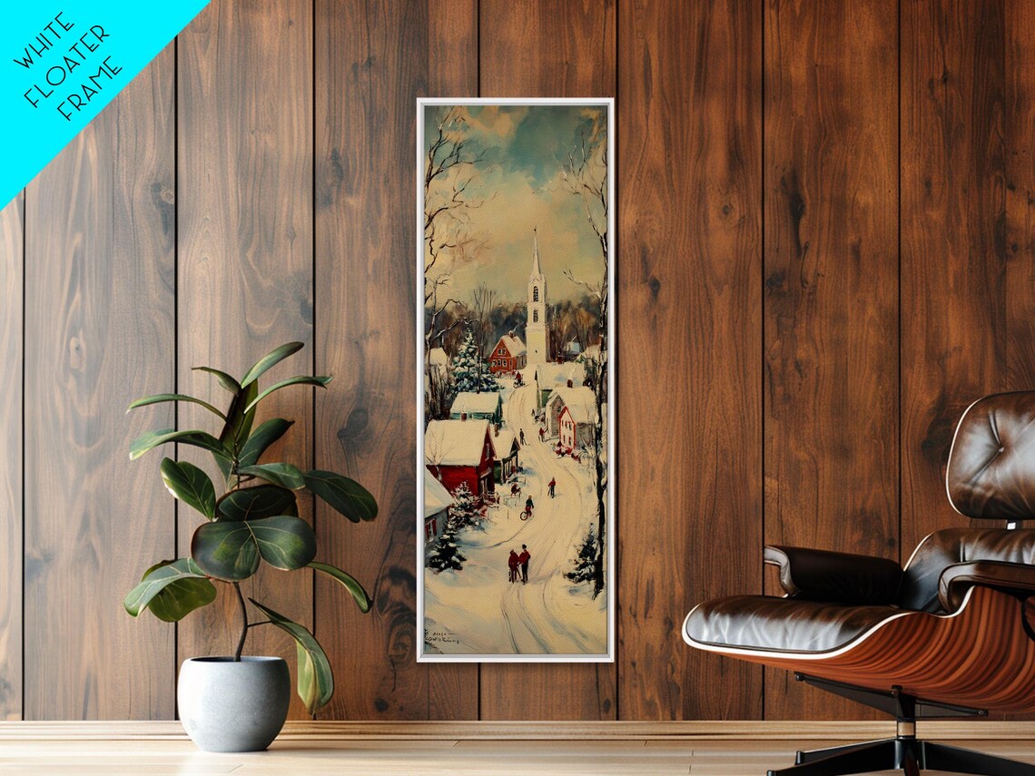 Snowy Village Church Steeple Winter Stroll Vintage Christmas Poster - Image 2