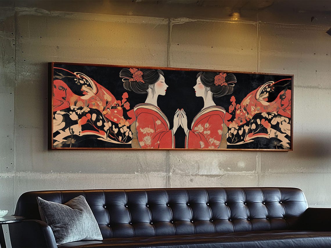 Geisha Red Kimono Mirrored Art Nouveau Japanese Floral Wall Poster - Image 5