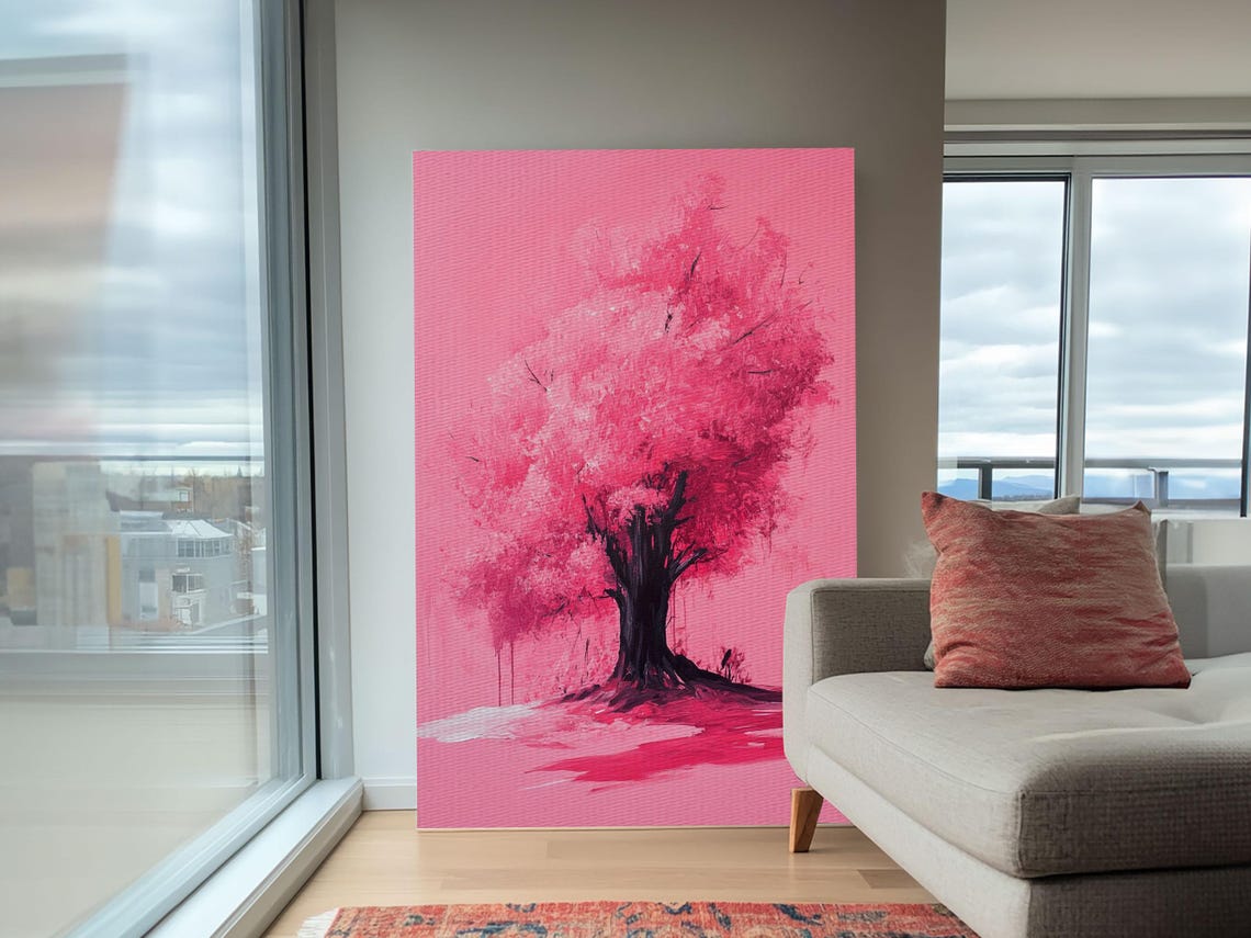 Bold Monochrome Pink Tree Silhouette Preppy Blossom Art Print - Image 5