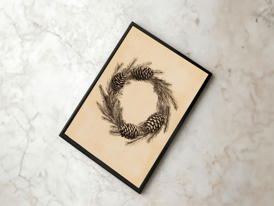 Pine Cone and Evergreen Wreath Black Sketch Christmas Holiday Poster
