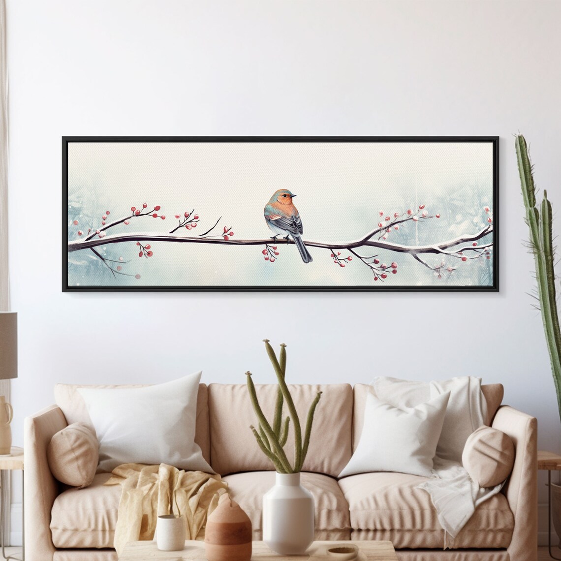 Robin Bird On Snowy Berry Branch Watercolor Bird Wall Art Print