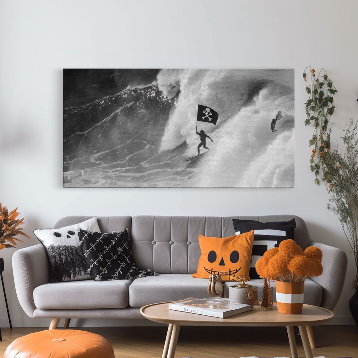 Surfer Waving Skull Flag Riding Huge Wave Black White Photo Print - Image 6