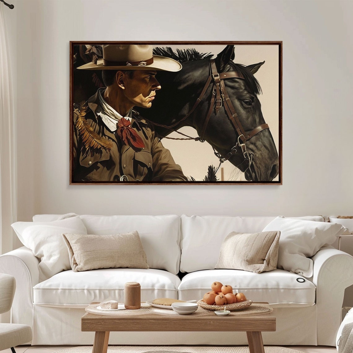 Cowboy With Black Horse Vintage Western Portrait Dramatic Sepia Print