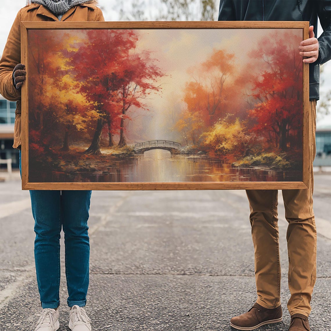 Autumn Park Bridge Over Calm Water Red Foliage Misty Fall Art Poster - Image 3