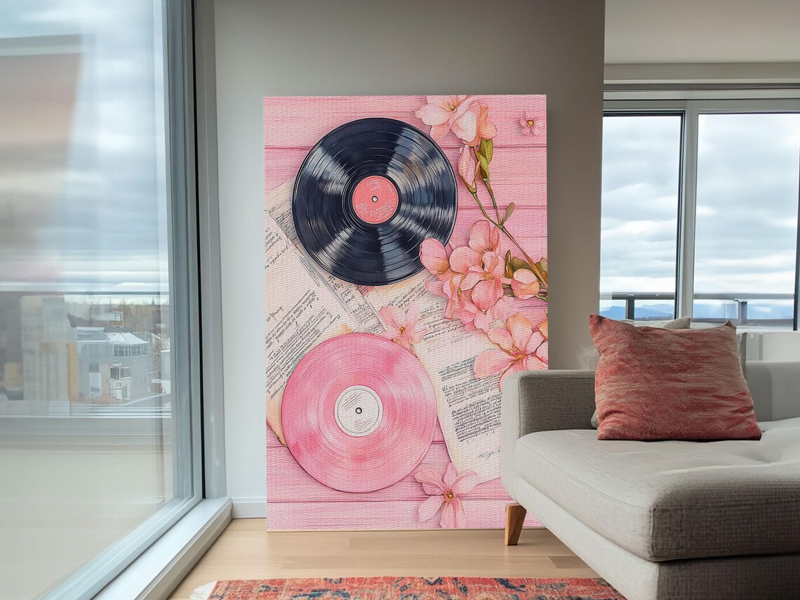 Vinyl Records with Pink Flowers Watercolor Print Retro Music Wall Poster - Image 4