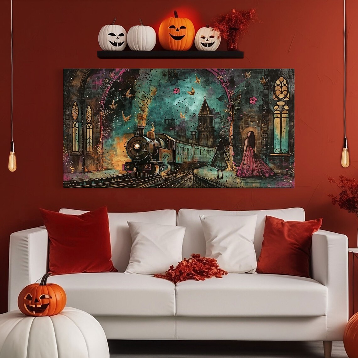 Spooky Steam Train Gothic Station Night Woman Red Dress Dark Academia Wall Art - Image 6