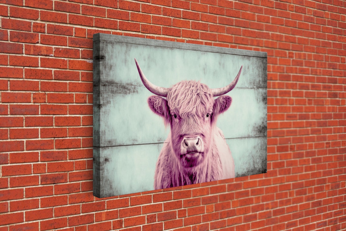 Pink And Turquoise Rustic Cattle Art Framed Print Framed Wall Art Primitive Rustic Minimalist Farmhouse Decor Highland Cattle Art - Image 3