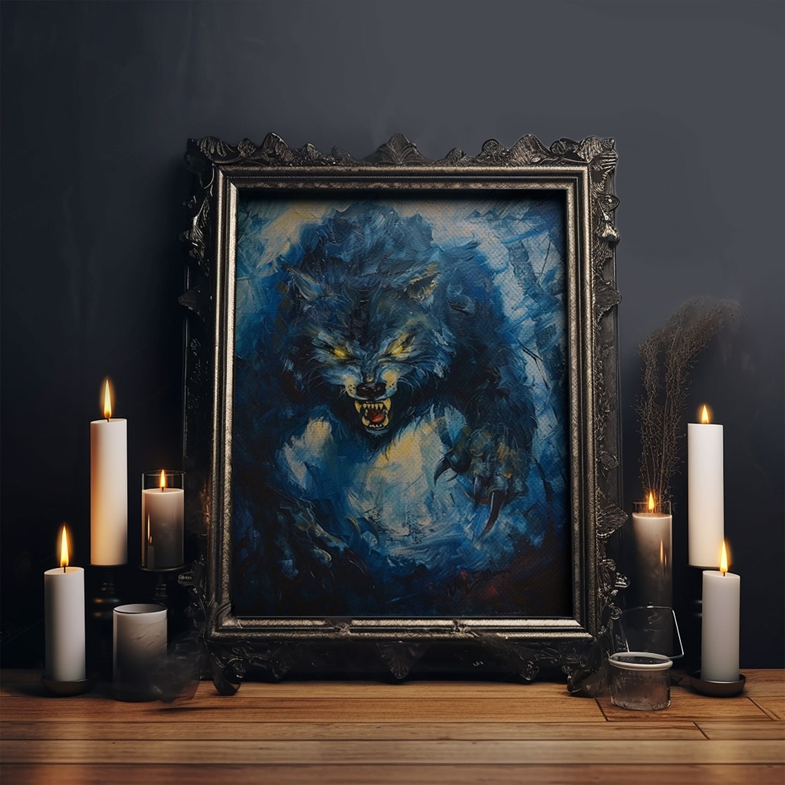 Ferocious Werewolf Snarling In Dark Forest Blue Oil Painting Print - Image 6