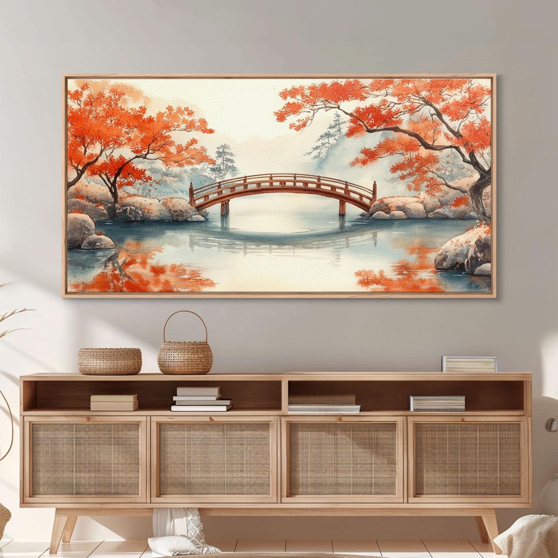 Red Arched Bridge Japanese Garden Autumn Pond Reflections Art Print - Image 2