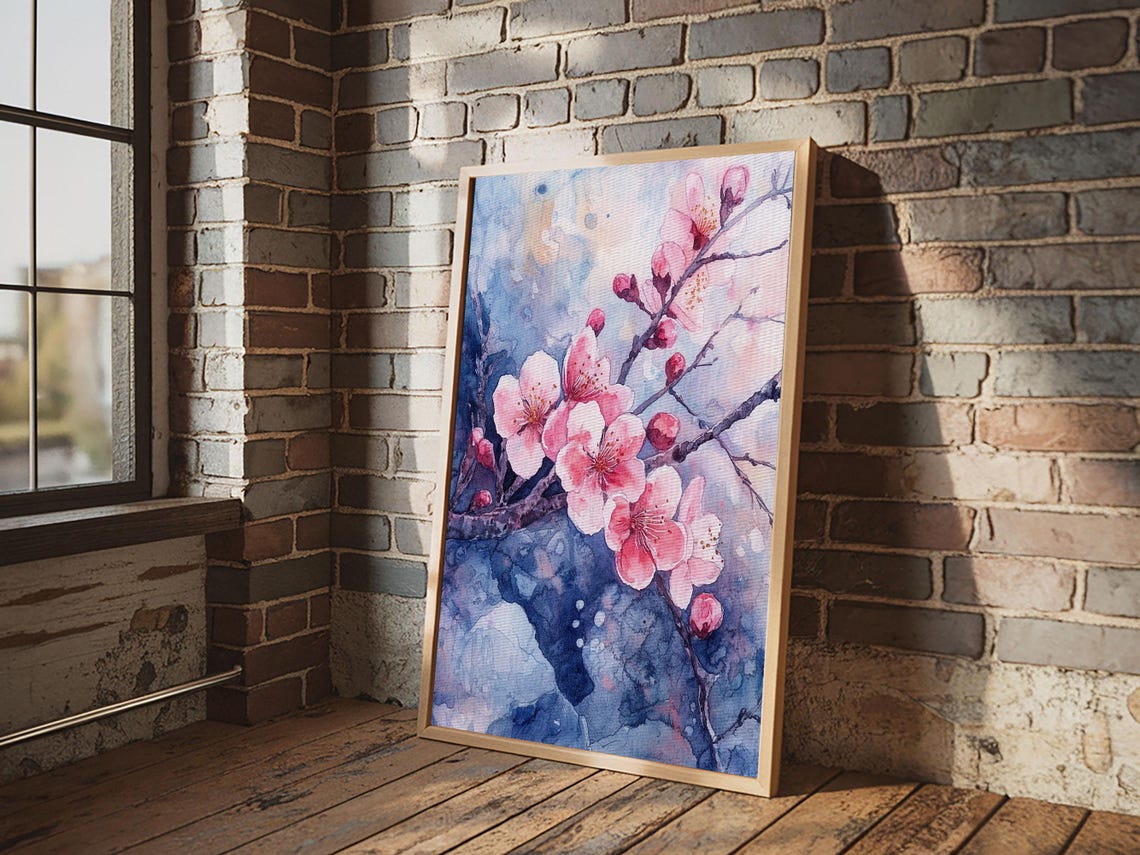 Pink Cherry Blossom Branch Watercolor Spring Floral Art Poster - Image 3
