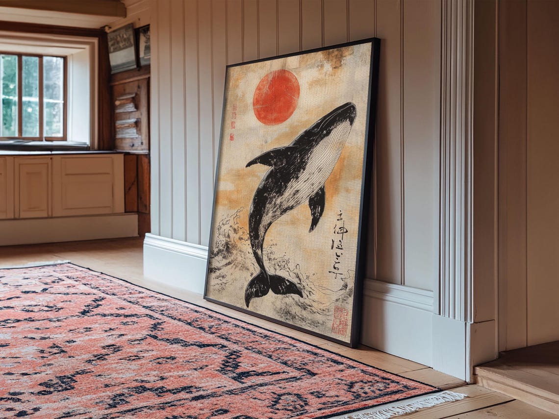 Japanese Ink Whale Under Red Sun Ocean Vintage Style Wall Poster - Image 6
