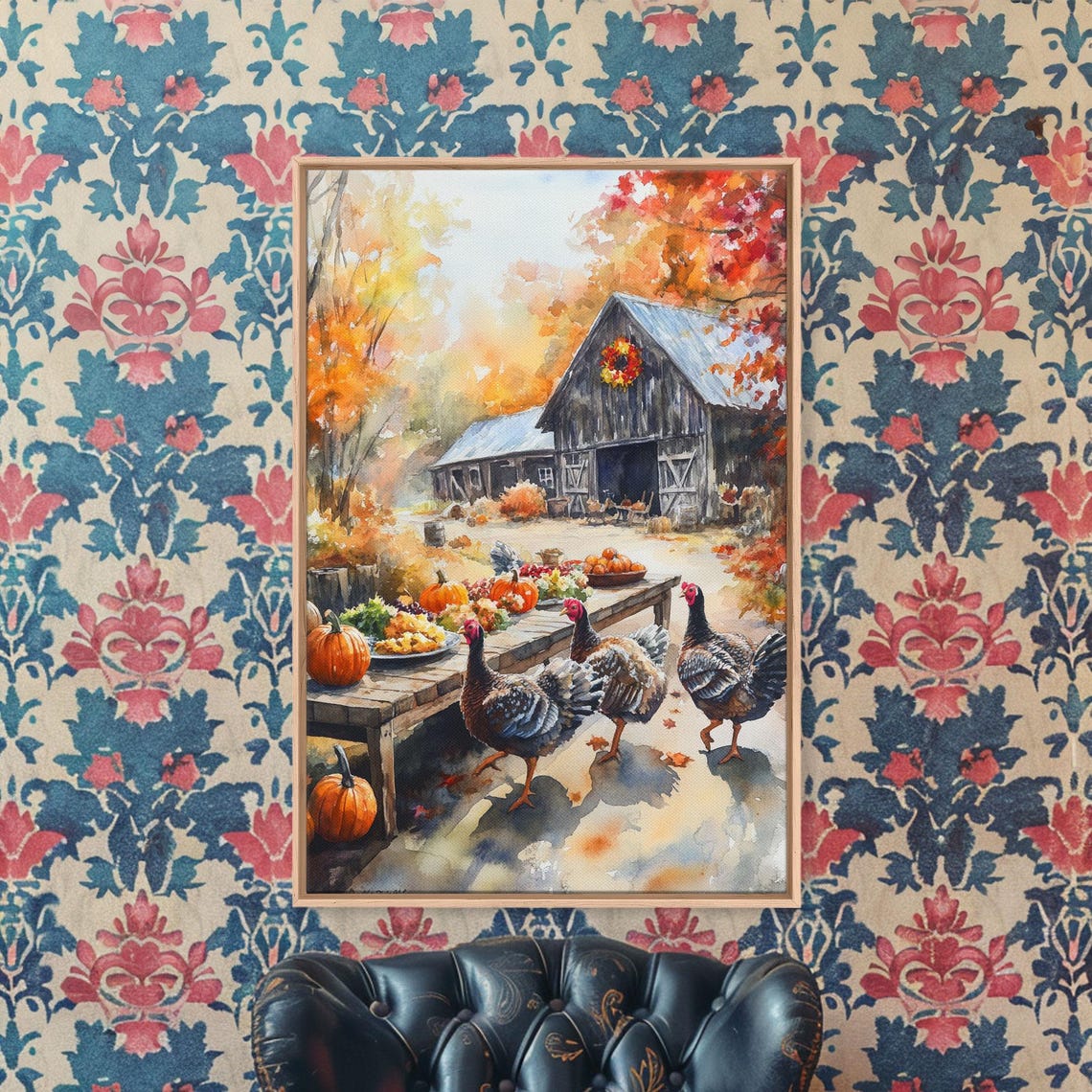 Fall Barn Harvest Table Turkeys Pumpkin Autumn Watercolor Wall Art - Image 5