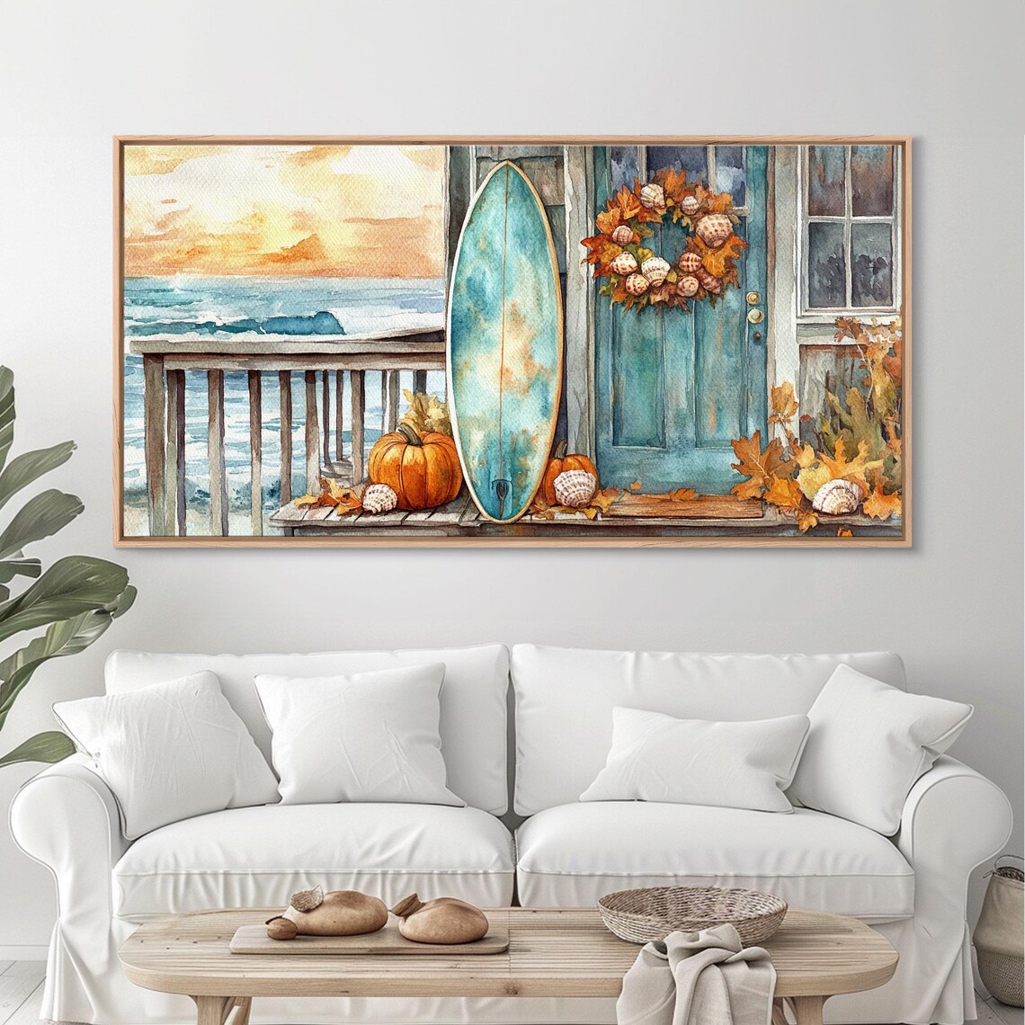 Coastal Surfboard Pumpkins Autumn Door Wreath Beach Fall Decor Art Poster - Image 2