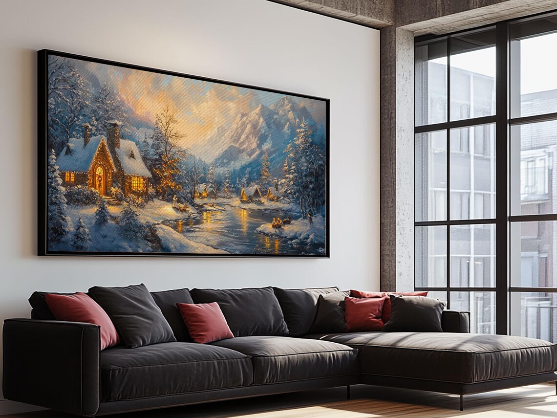 Christmas Village By The Snowy Lake At Dusk Holiday Scene Poster
