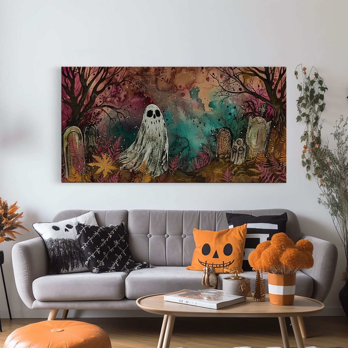 Cute Ghost In Colorful Cemetery Spooky Season Halloween Art Print - Image 5