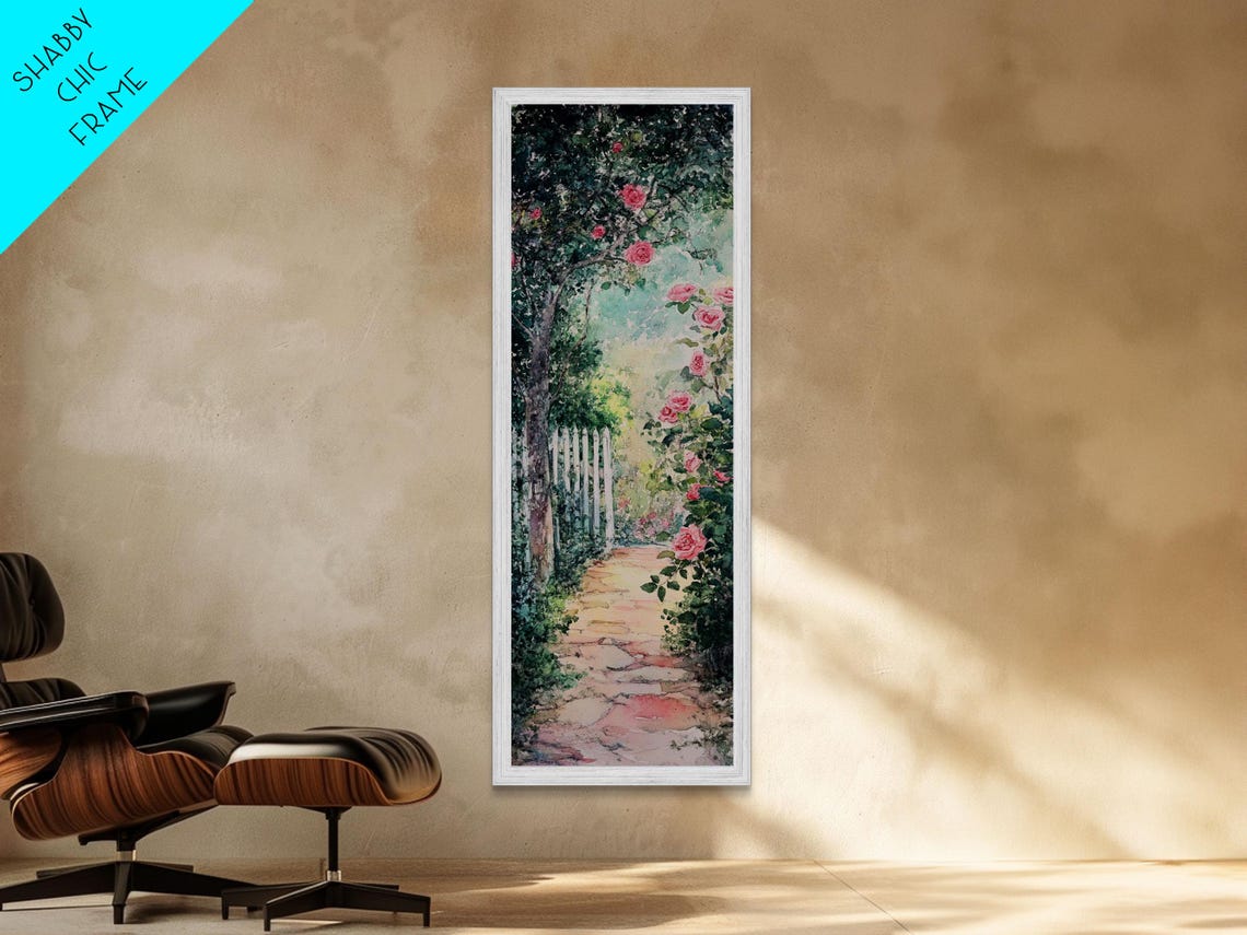 Rose Garden Stone Path Pink Roses Watercolor Painting Vertical Poster - Image 4