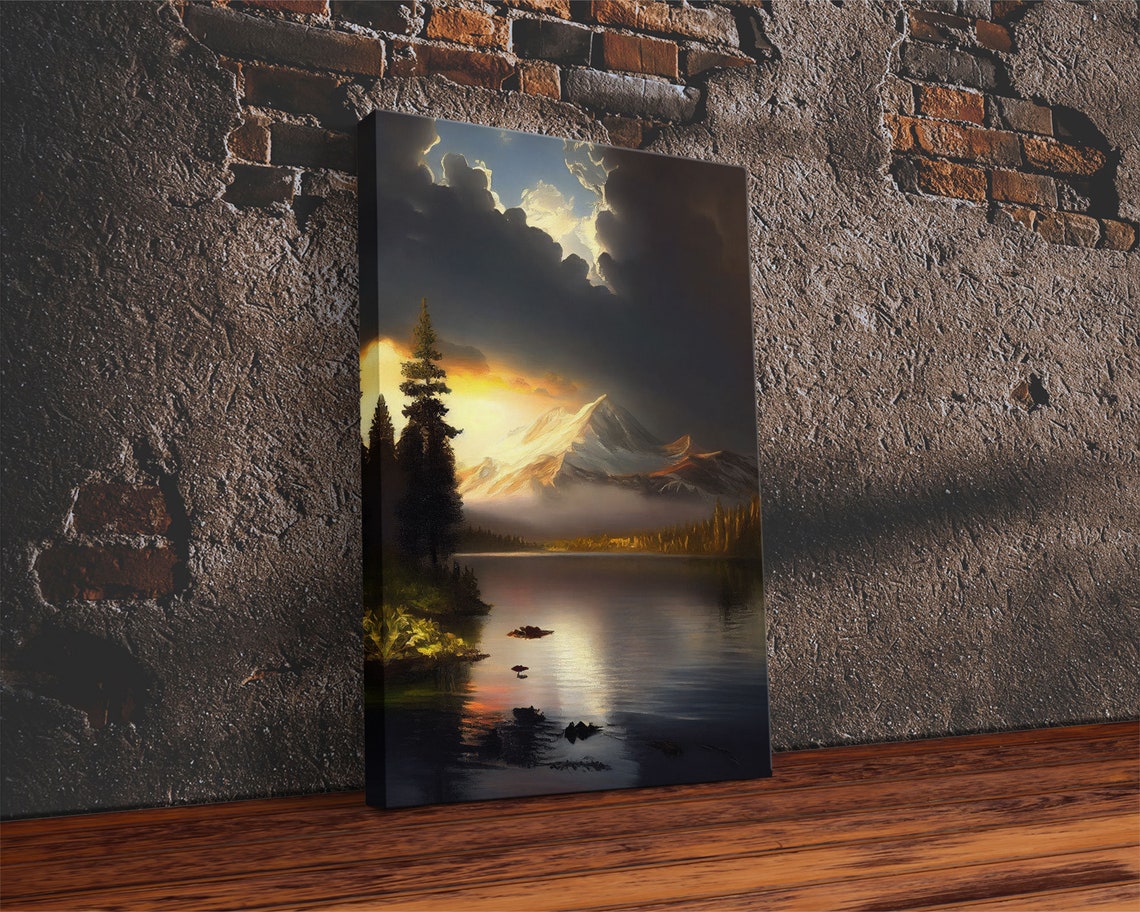 Dramatic Snowy Mountain Lake Sunset Storm Clouds Landscape Oil Poster - Image 2