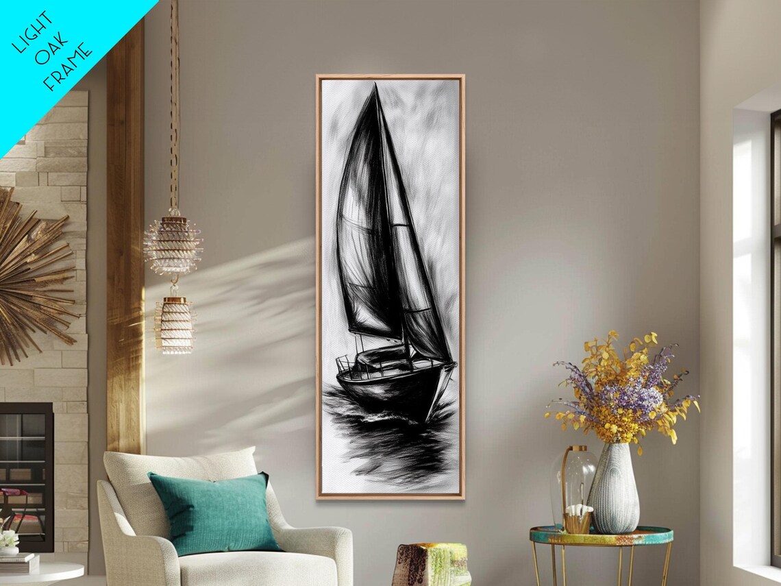 Charcoal Sketch Of A Sailboat Framed Print Nautical Decorl Nautical Wall Art Sailboat Painting Sail Boat Art Tall Skinny Wall Art - Image 6