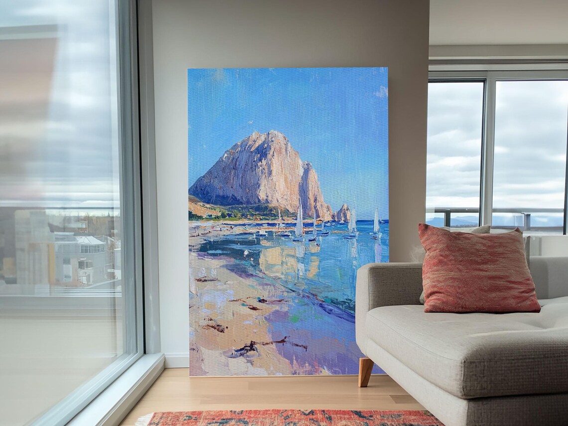 Morro Bay California Morro Rock Sailboats Beach Oil Painting Travel Poster - Image 6