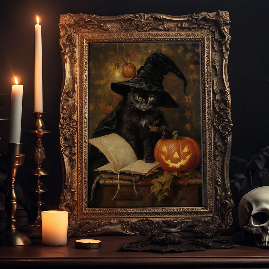 Black Cat In Witch Hat With Spell Book And Jack O Lantern Poster - Image 5