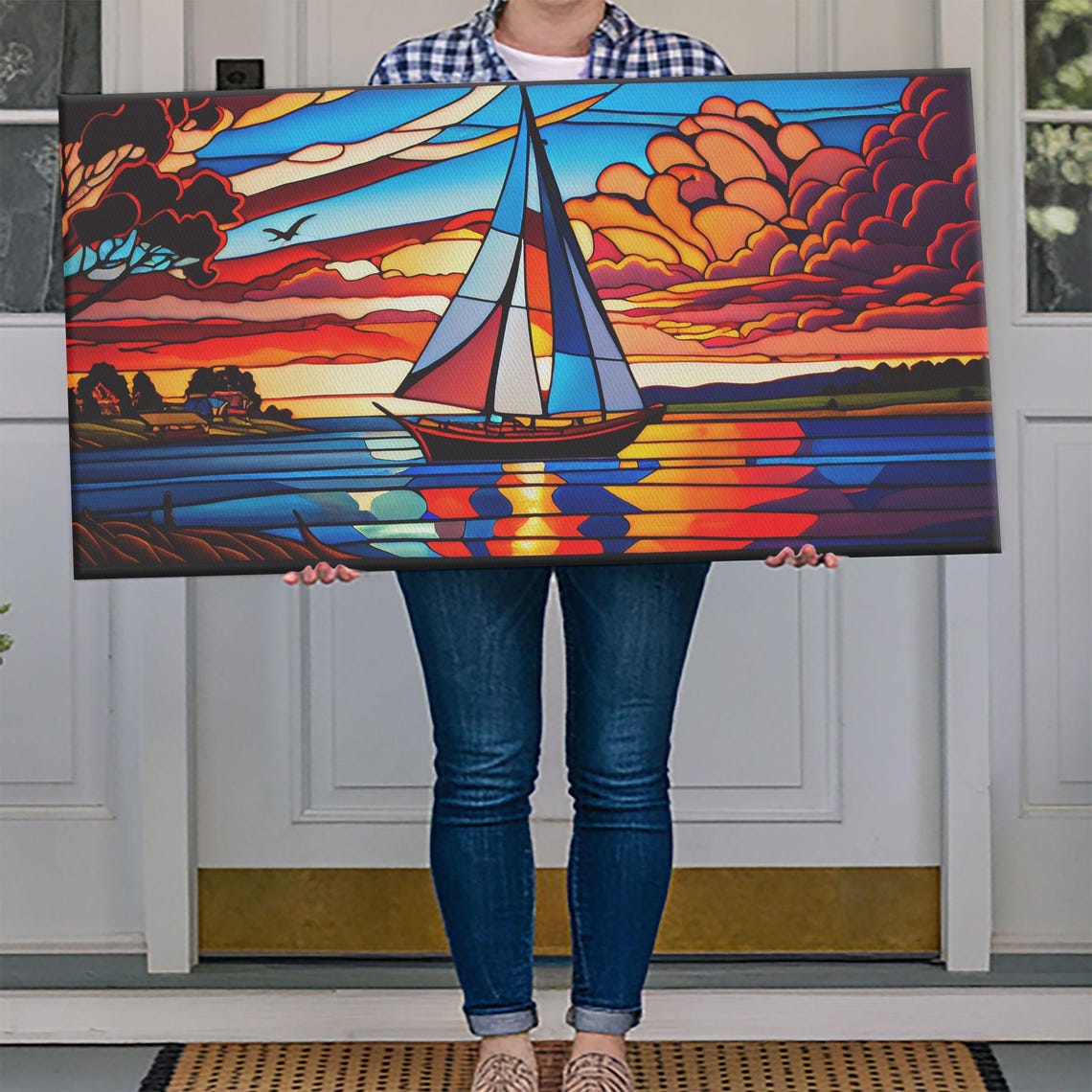 Stained Glass Sailboat Sunset Vibrant Orange Red Blue Nautical Poster - Image 4
