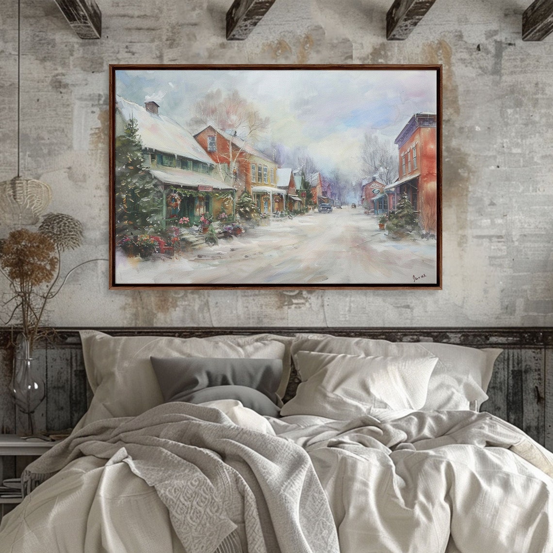 Small Town Christmas Main Street Snowy Shops Holiday Painting Wall Art