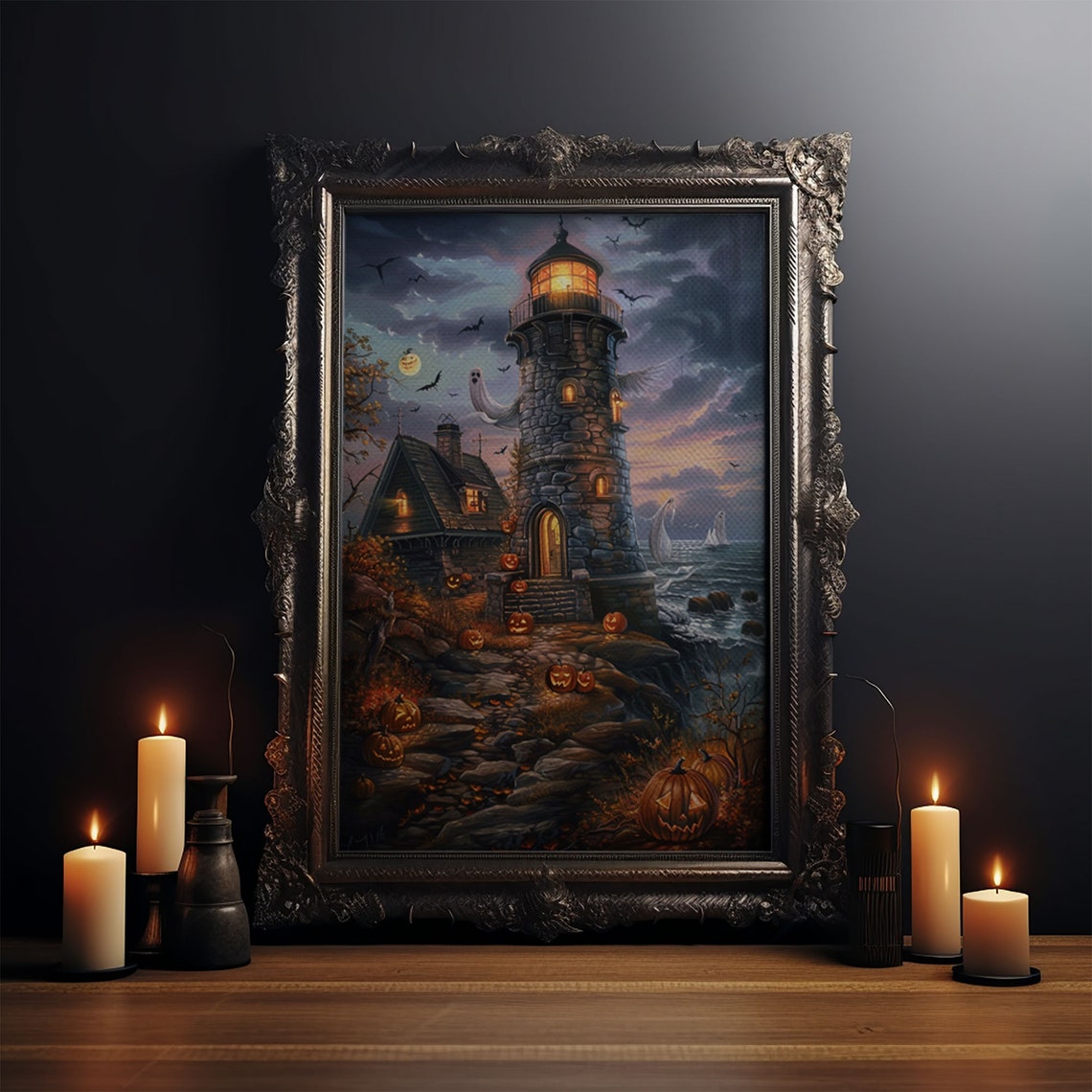Haunted Lighthouse Jack O Lanterns Spooky Halloween Night Art Poster - Image 3