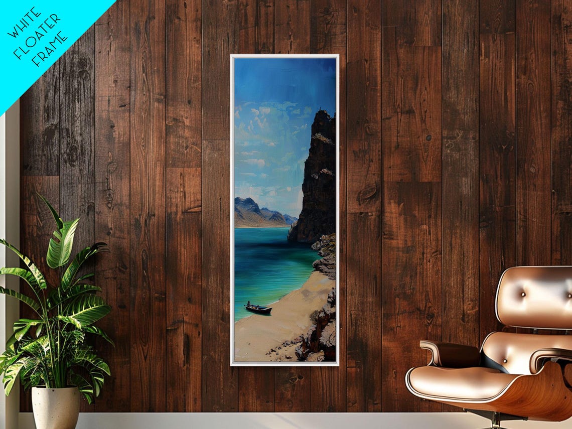 Rocky Cliff Cove Turquoise Bay Sandy Beach Boat Coastal View Poster - Image 4